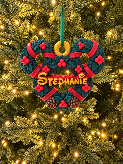 Personalized Mickey Mouse Inspired Christmas Wreath Ornament, Custom Name Ornament, Disney Inspired Holiday Decor, 3D Printed Gift