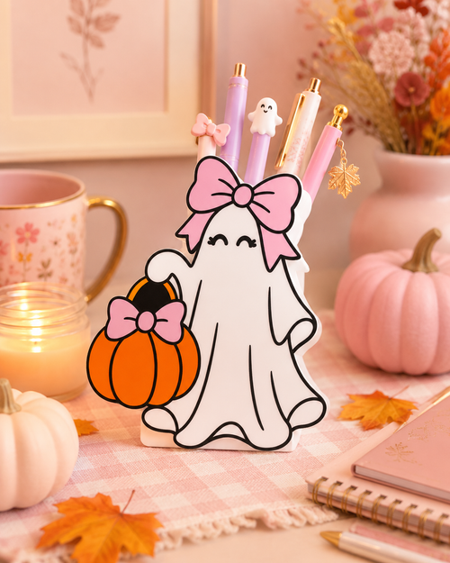Cute Ghost with Bow Pumpkin: Pen, Soap & Phone Holders, Sticky Note Holder, Trinket Dish, Can Opener Keychain, Paper Clip, Straw Topper