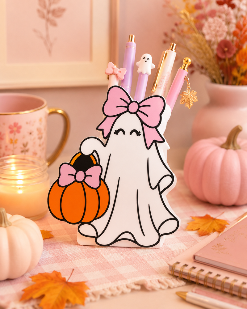 Cute Ghost with Bow Pumpkin: Pen, Soap & Phone Holders, Sticky Note Holder, Trinket Dish, Can Opener Keychain, Paper Clip, Straw Topper