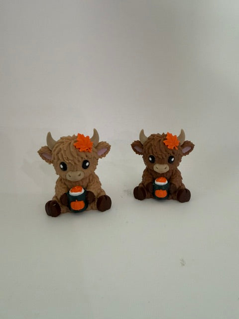 Highland Cow Holding Pumpkin Spice Latte, Fall Desk Decor, 3D Printed Cow Figurine, Coffee Lover Gift, 2 or 3.5 Inch