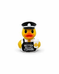 Starbucks, Dunkin Donuts, 7 Brew, Tim Horton's, Cafe Bustelo, Joffrey's, Scooter’s, Black Rifle Coffee, Better Buzz, and Dutch Bros Inspired Duck
