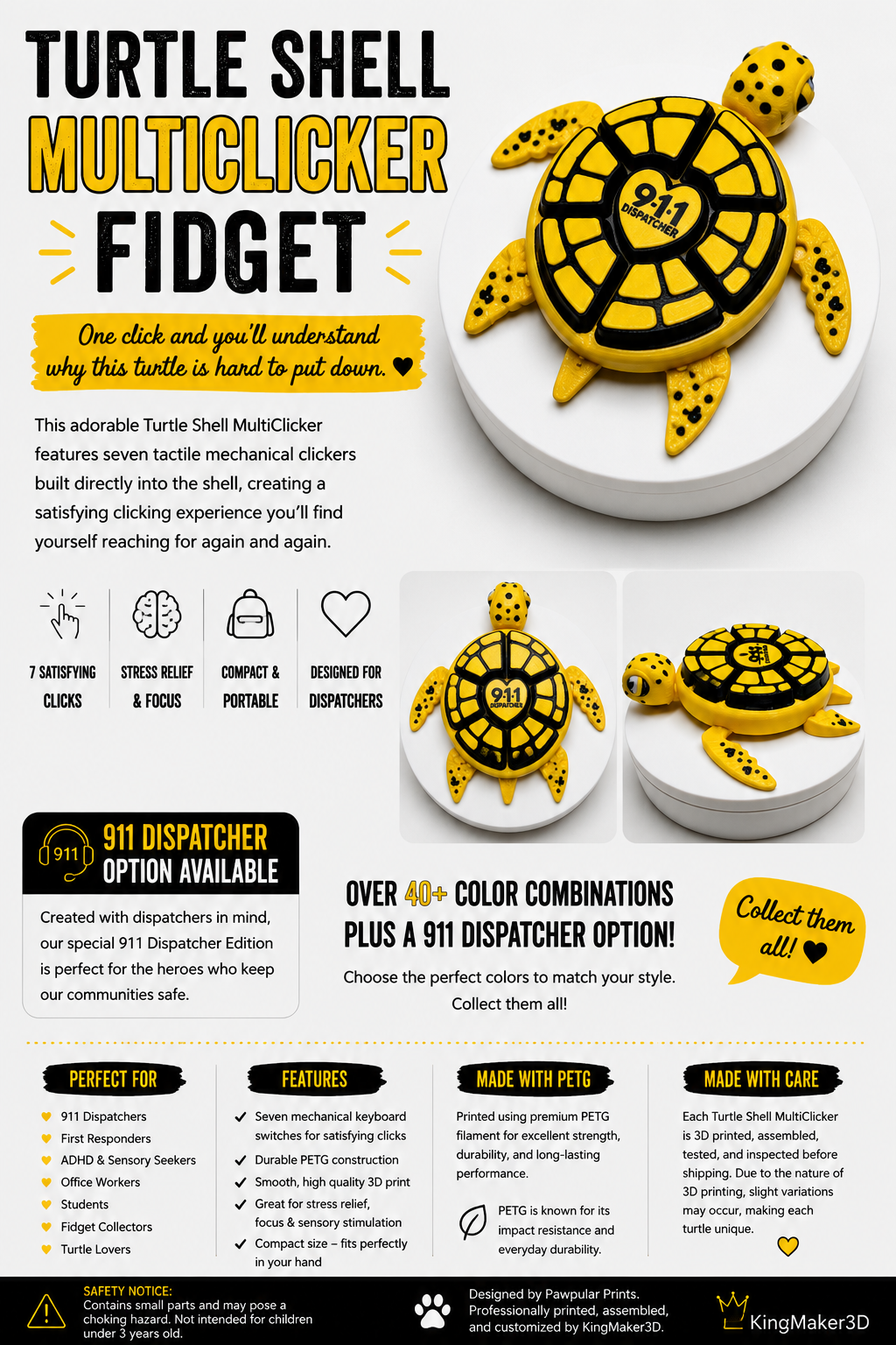 Turtle Shell MultiClicker Fidget | 3D Printed Fidget Toy | Sensory Clicker | Desk Fidget | Multiple Color Options | 911 Dispatcher