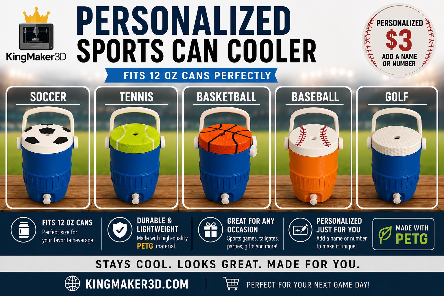 3D Printed Sports Can Cooler Holder | 12 oz PETG Drink Accessory (Soccer, Football, Baseball, Basketball, Golf & Tennis)