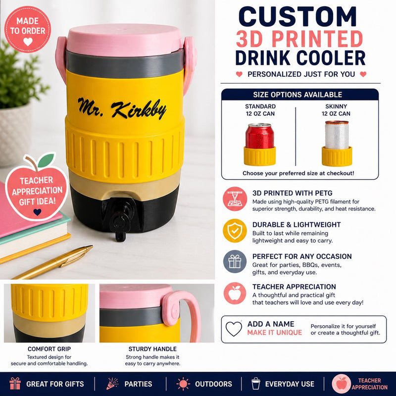 3D printed pencil shaped can cooler for teachers, personalized name option, fits 12oz standard cans