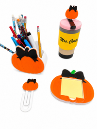 Personalized Pumpkin Desk Accessories, Pumpkin Pen Holder, Sticky Note Holder, Paper Clip, Straw Topper, Fall Teacher Gift